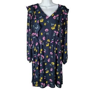 Banana Republic Navy Pink Yellow Floral Ruffle V-Neck Mini Dress L spring garden